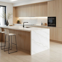 Mont Blanc sintered stone benchtop and splashback with seamless waterfall edge