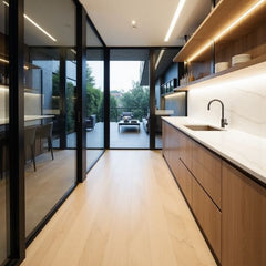 Modern kitchen island in Mont Blanc porcelain slab – matte quartzite finish